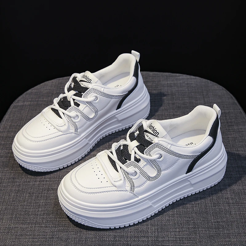 

Women's Sneakers with Platform Korean Ladies Shoes Woman-shoes Thick Sole Fashion 2022 Casual Green Lace-Up Solid Fabric Leisure
