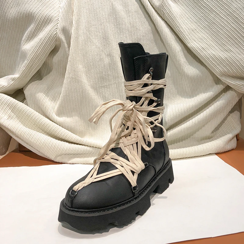 Autumn Winter Fashion Boots Women British Style Thick-Soled High-Top Lace-Up Long Boots Side Zipper Leather Single Shoes