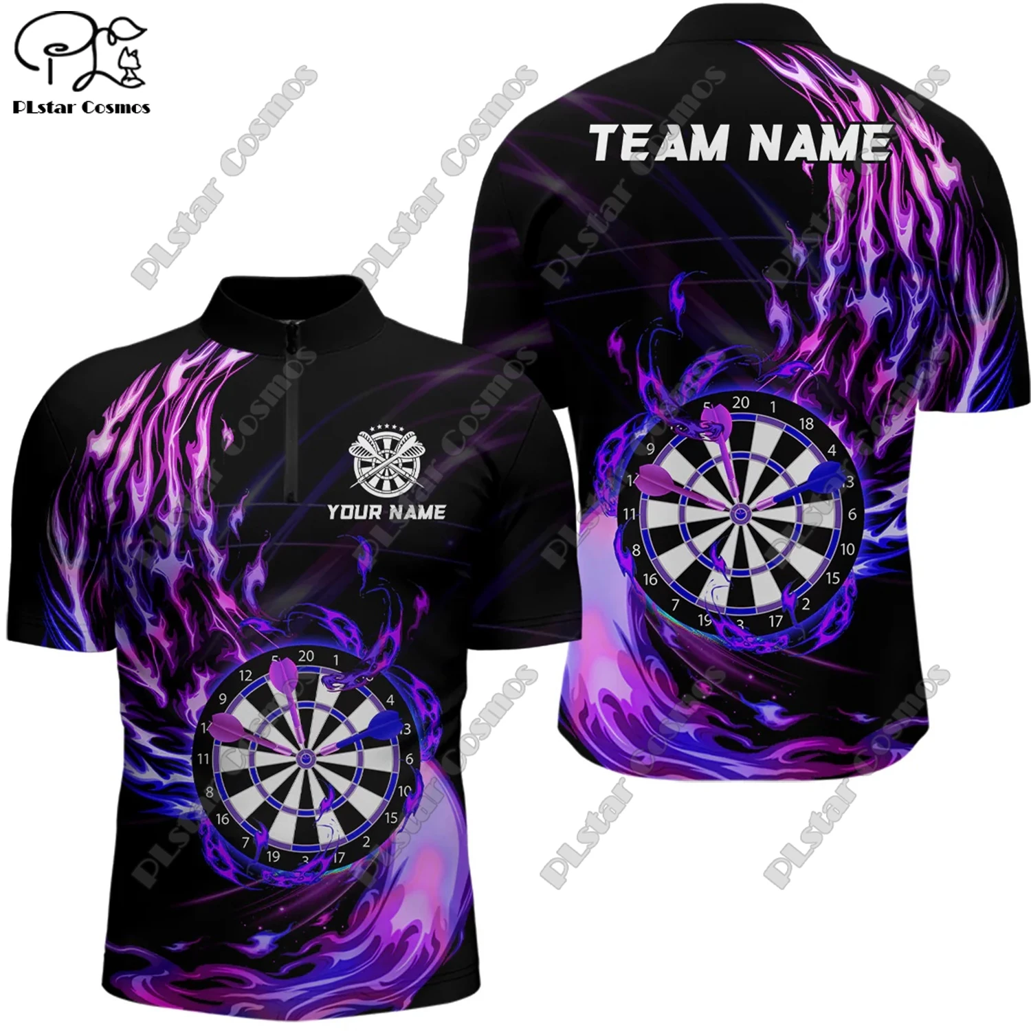 Новинка рубашка-поло унисекс с 3D-принтом пламени воротником-стойкой и молнией