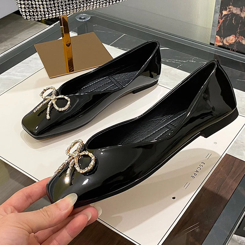 High Quality Size 35-44 Square Toe With Rhinestone Bow Woman New Arrivals Slip On Flat Shoes Ladies