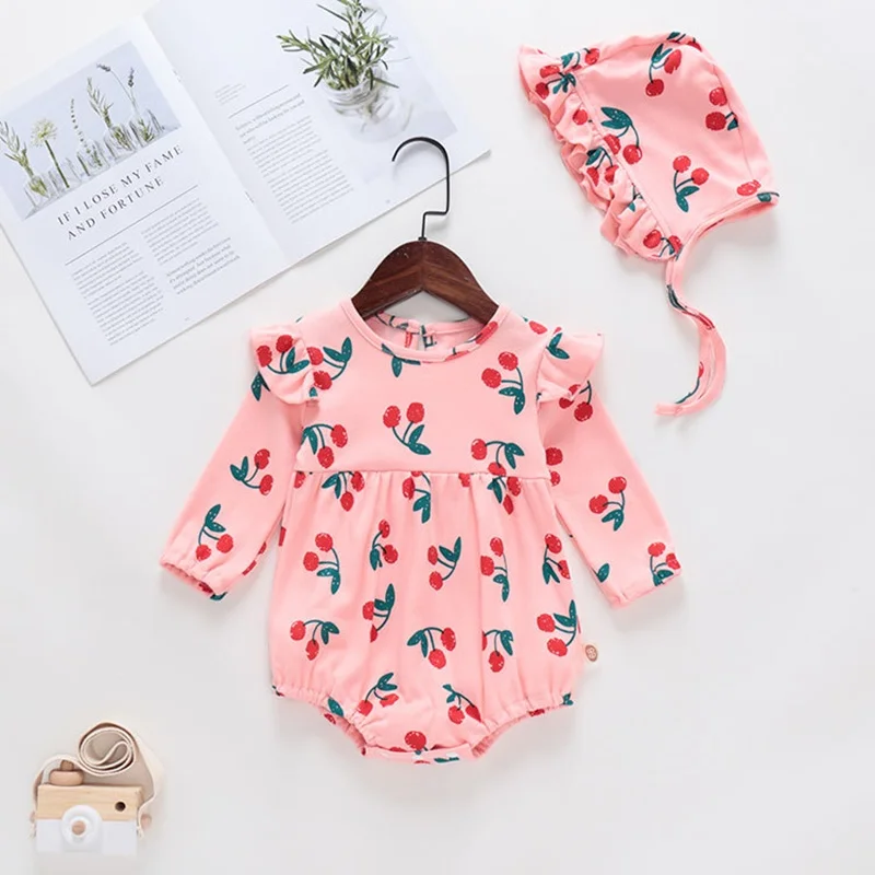 

New Born Baby Clothes Baby Girl Rompers 2pcs Sets Long Sleeve Cherry Printed Romper+hat Cute Winter Autumn Spring Outfit 6-24M