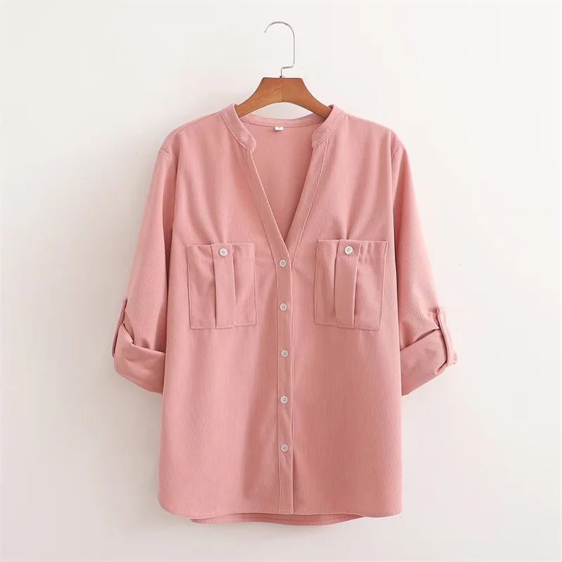 

Женская Вельветовая рубашка с V-образным вырезом, с рукавом 2023