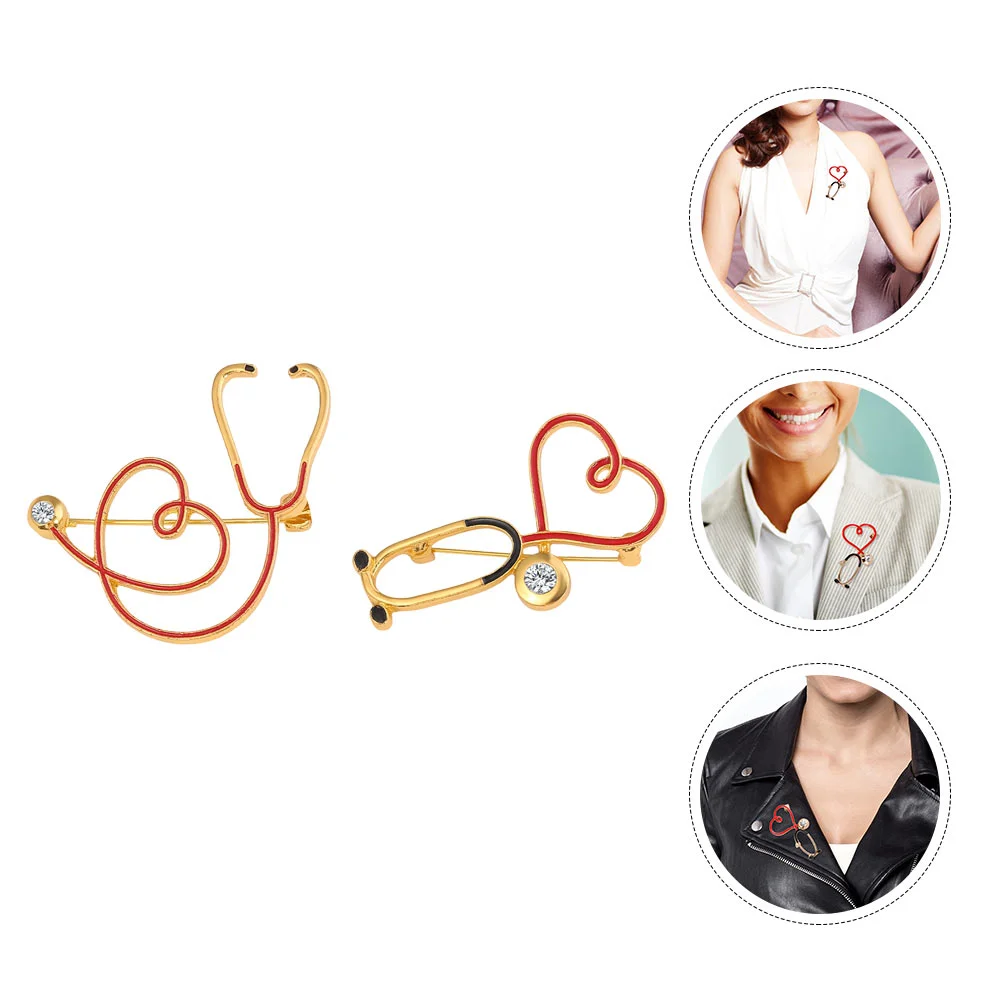 

2 Pcs Metal Decor Stethoscope Brooch Doctor Brooches Diamond-studded Enamel Alloy Decorative Nurse
