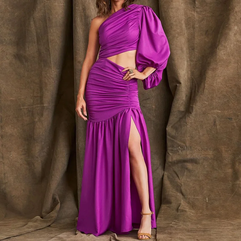 

Модное облегающее вечернее платье с открытыми плечами и рукавами-фонариками, соблазнительное длинное платье с драпировкой и высоким разре...