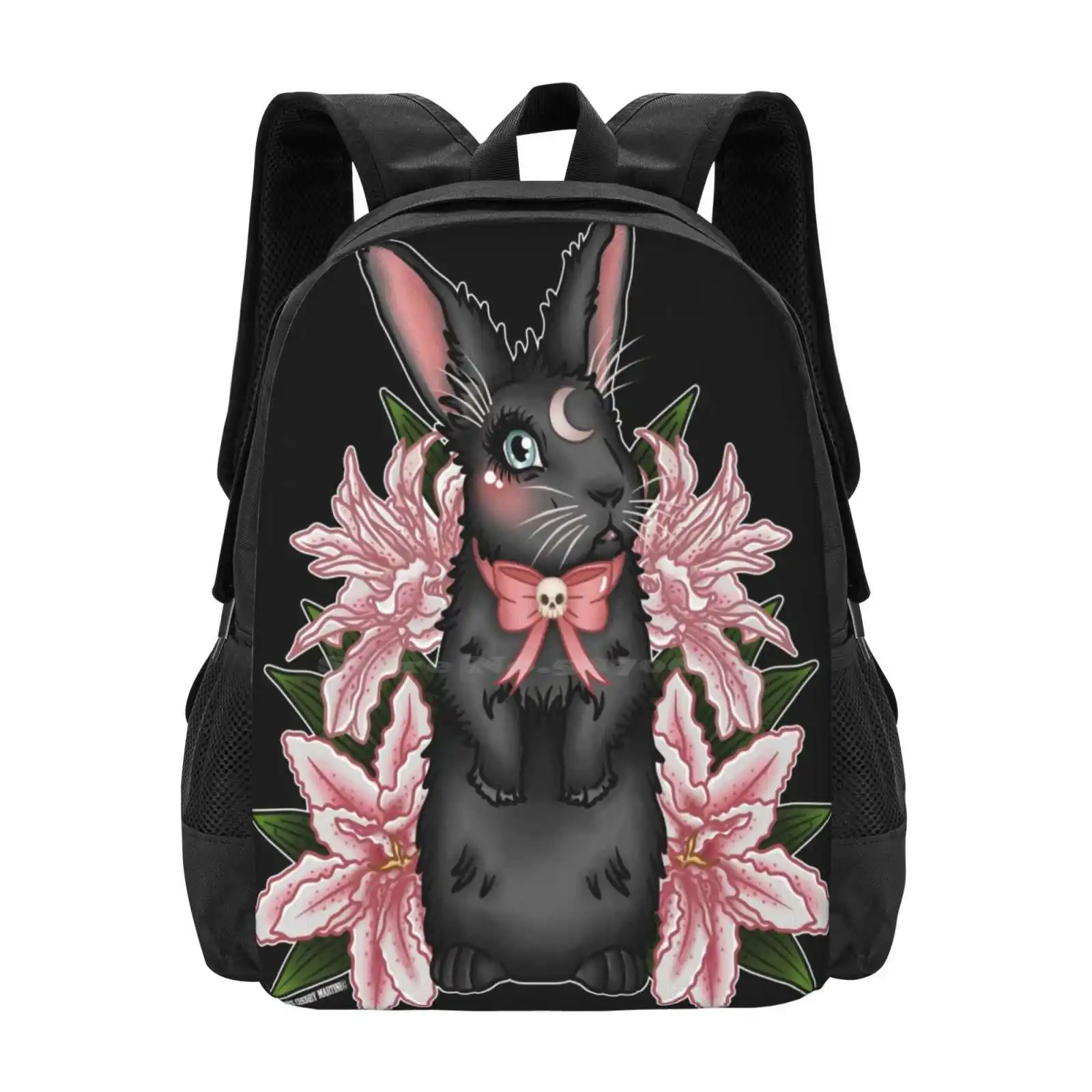 Lily Rabbit 3D Print Design Backpack Student Bag Lily Bunny Rabbit Miss Cherry Gothic Rabbit Lillies