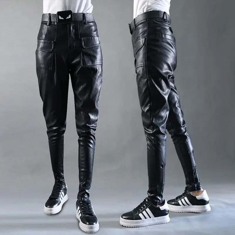 

Брюки-султанки из искусственной кожи, брюки-карандаш с завышенной талией, повседневные пикантные облегающие однотонные штаны с поясом, T16