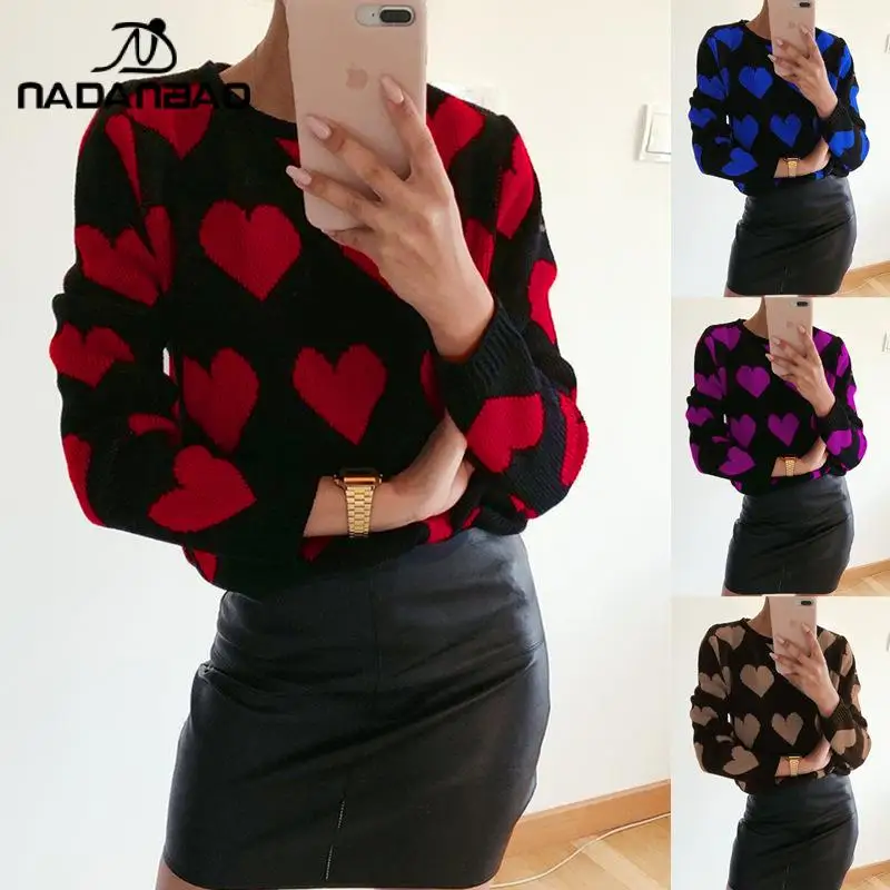 

NADANBAO Women Winter Y2K Sweaters&Jumpers Pattern Knitted Fashionable Pullovers Elegant Long Sleeve Love Casual O-neck Tops