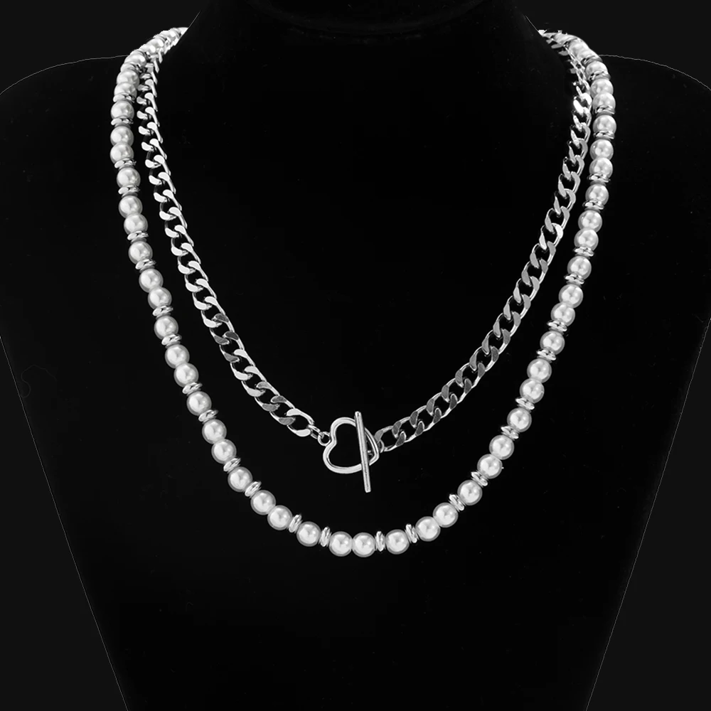 

KunJoe Set Hip Hop White Imitation Pearl CCB Rondelle Beaded Necklace Heart Clasp Metal Chain Necklace for Jewelry Women Men