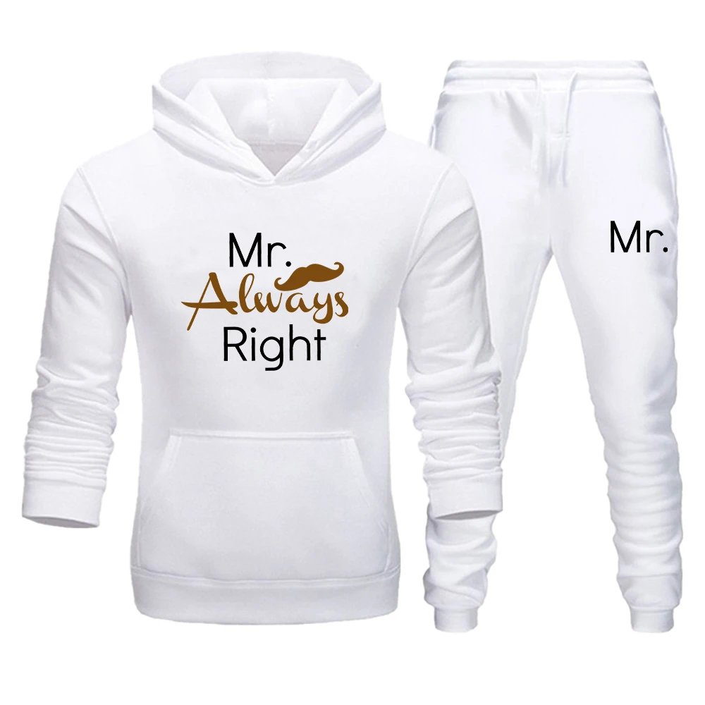 

Спортивный костюм для пар Mr Mrs Always Right, Женская толстовка с принтом и брюки, одежда для влюбленных из 2 предметов, мужской костюм с капюшоном