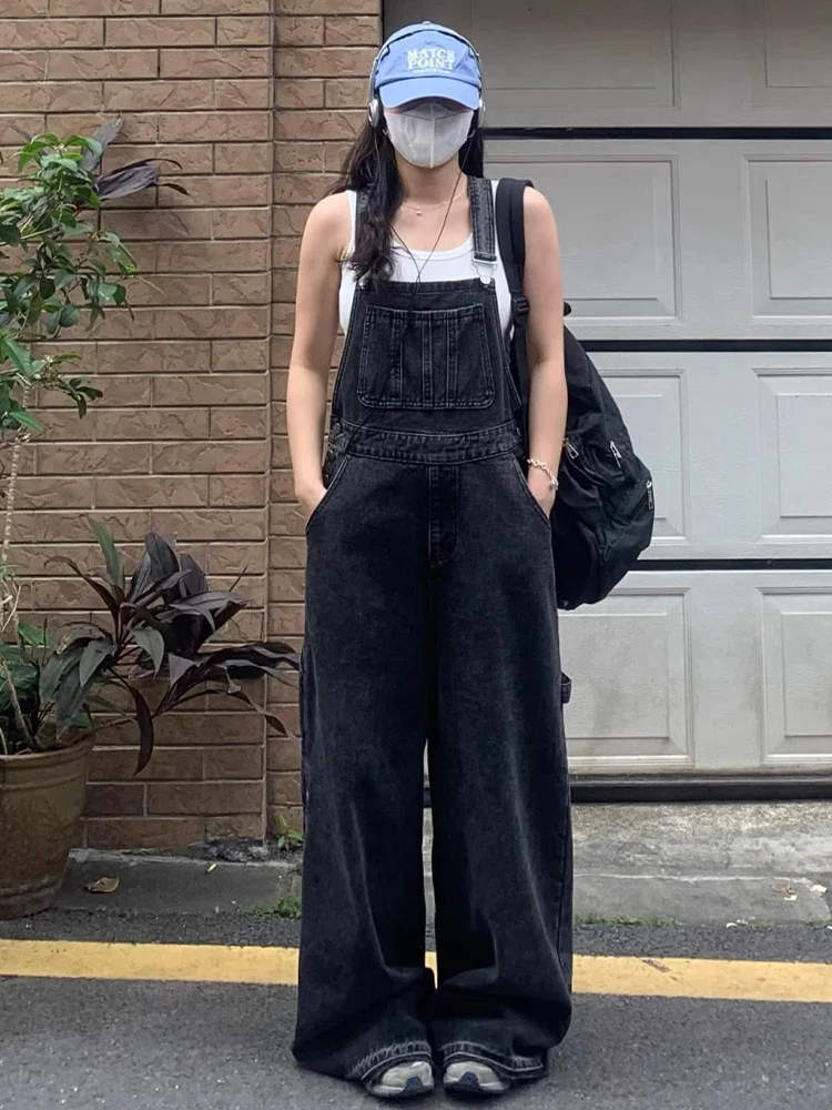 Женский винтажный джинсовый комбинезон Y2k черный в стиле Харадзюку Корейская