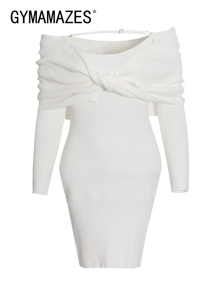 

GYMAMAZES Sexy Party Solid Mini Dresses For Female Slash Neck Long Sleeve High Waist Slimming Women's Dress 2022 Clothing Style