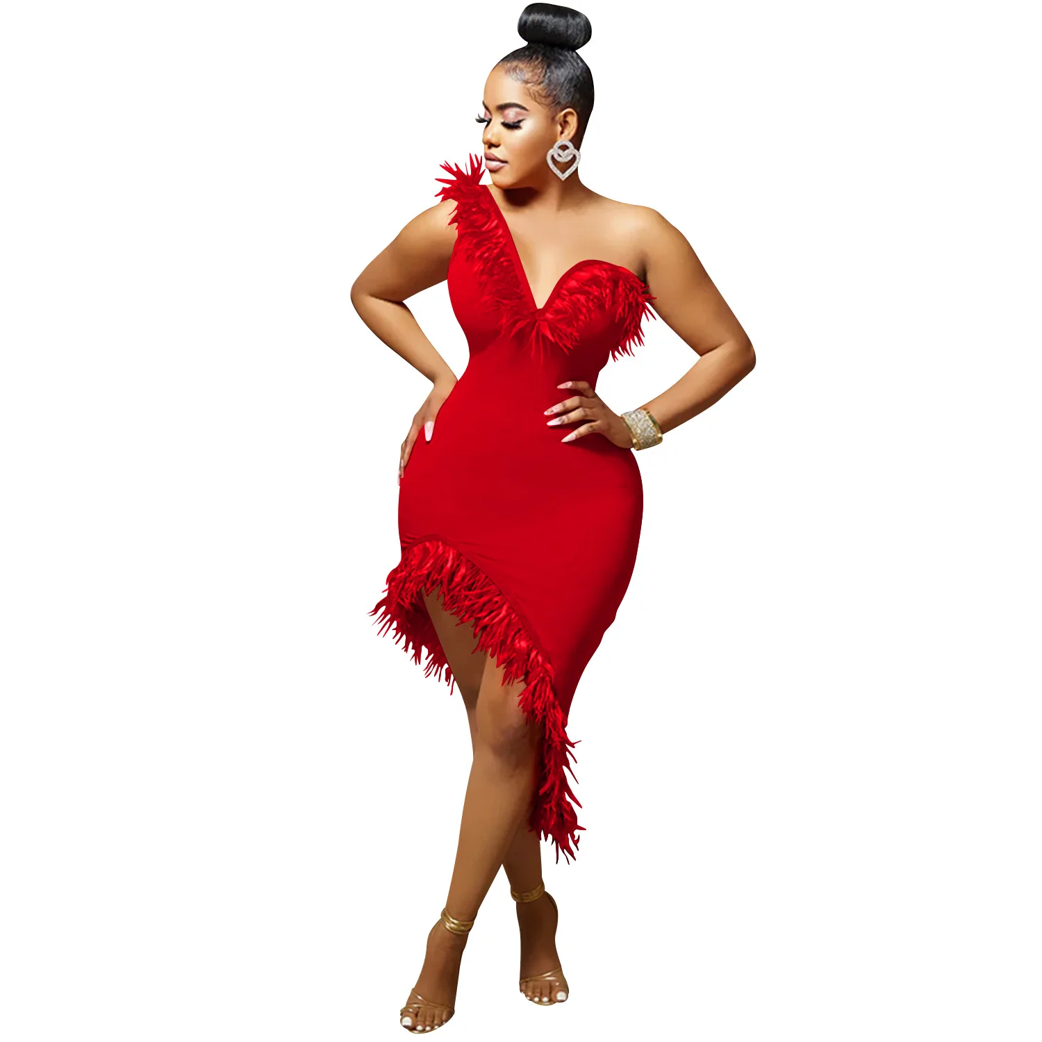 Women Sexy Feather Dress Deep V-neck One Shoulder Sleeveless Backless Party Club Dress Bodycon Homecoming Cocktail Dresses