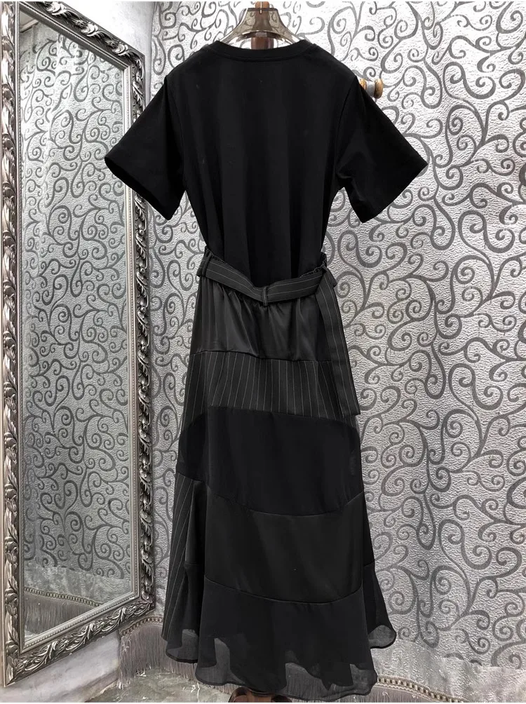 Женское платье-футболка в полоску длинное с коротким рукавом стиле пэчворк лето