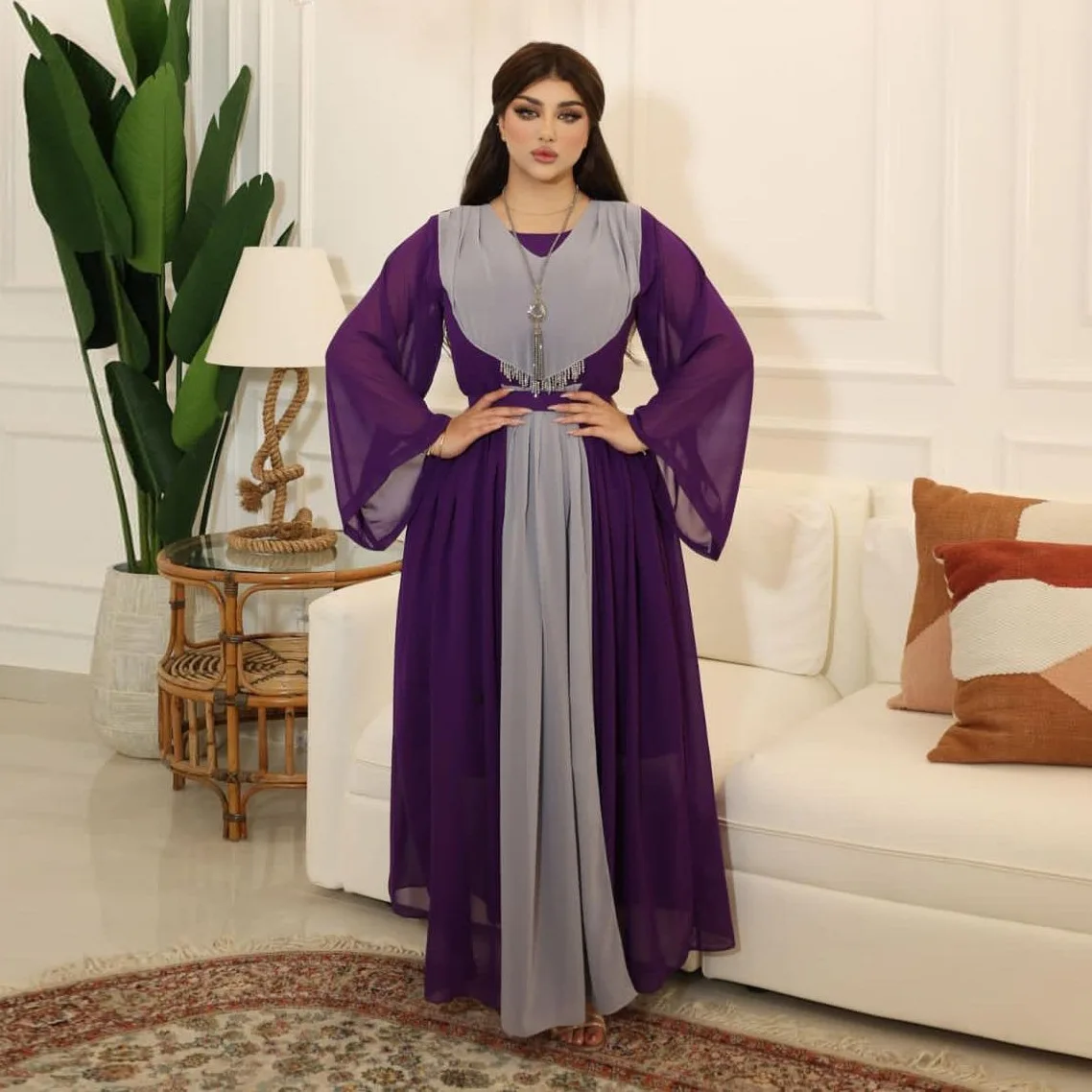 Muslim Chiffon Casual Dress Woman Fashion Tassels Long Sleeves High Waist Robe De Soirée Femme Longue Dubai Middle East Vestidos