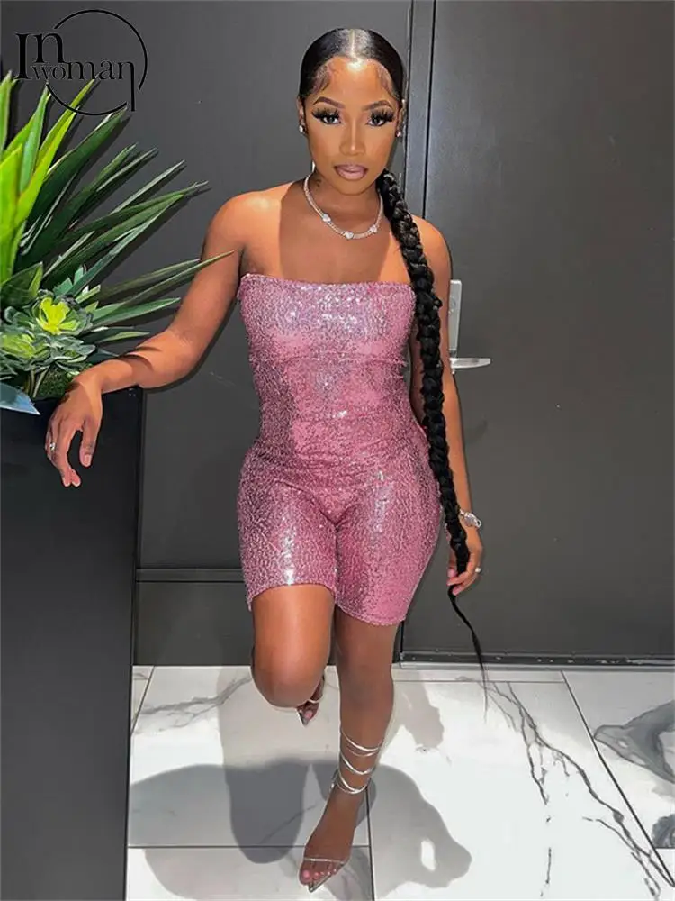 

Женский летний сексуальный однотонный комбинезон с блестками, комбинезон, клубный наряд для женщин 2023, облегающий однотонный комбинезон без бретелек, комбинезон, комбинезон