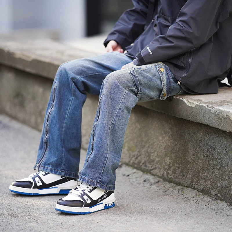 Blue Baggy Jeans Men Fashion Vintage Pocket Cargo Jeans MenJapanese Streetwear Hip-hop Loose Straight Denim Pants Mens Trousers