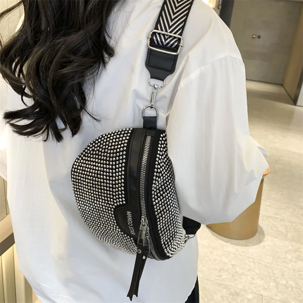 

Wide Adjustable Strap Unisex Shoulder Bag Fashion Rhinestone Rivet Y2K Style Waist Pack Zipper& Multiple Pockets Crossbody Bags