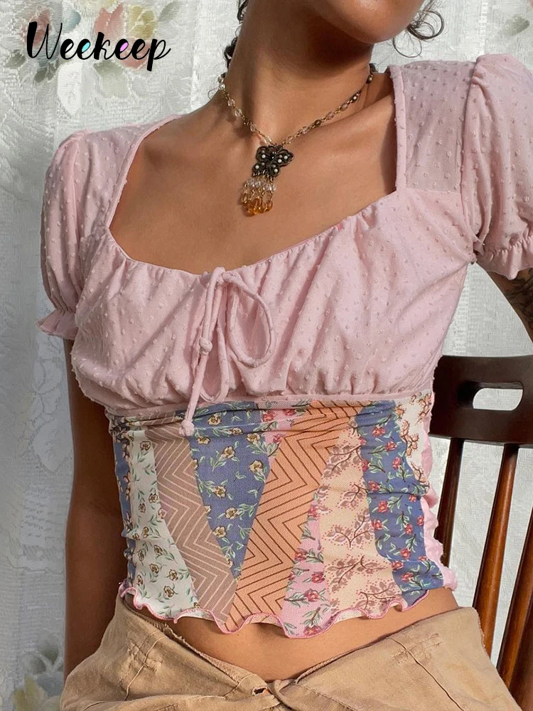 

Weekeep Vintage Ruffles Crop Top Y2k Aesthetic Patchwork Floral Print T-Shirt Women Elegant Short Sleeve Pink Casual Tee Summer