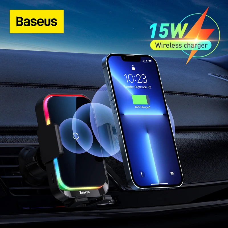 Baseus Car Phone Holder 15W Wireless Charging Stand with RGB Light For Iphone Xiaomi Samsung Car Mobile Support Car accessories