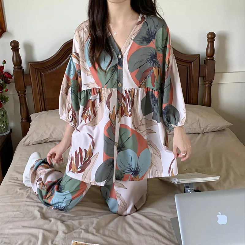 Fat Girl Summer Pajamas New Cotton Silk Air-conditioning Clothes Female Large Size Korean Long Pants Two-piece Home Wear Suits