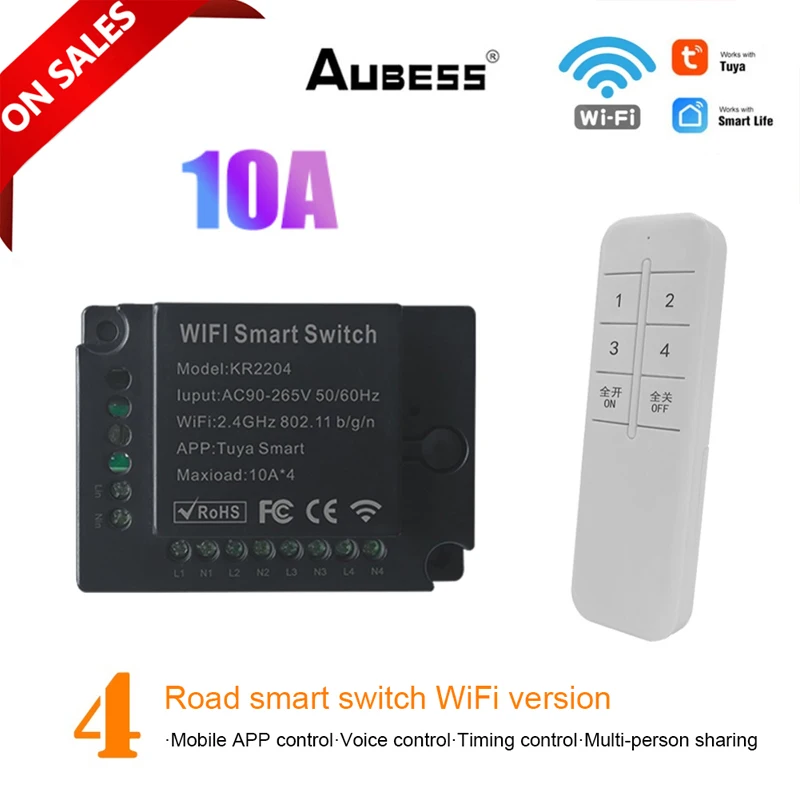 

Aubess 4CH Wireless Switch,10A WiFi Switch Module,Tuya App,Remote Control,DIY Smart Home,4Gang Relay,work With Alexa Google Home