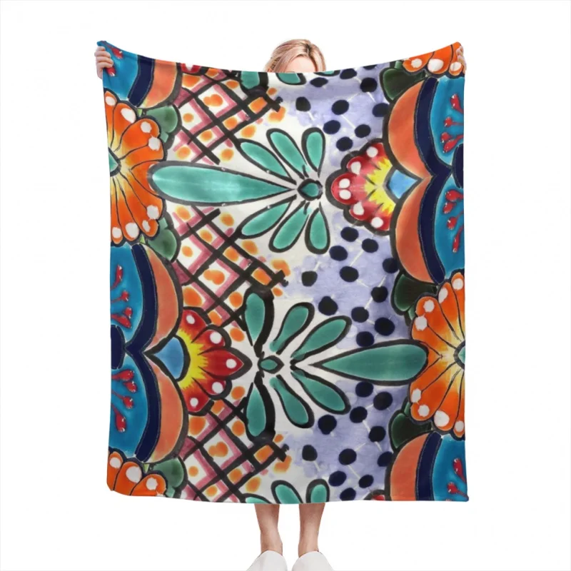 

Colorful Talavera Orange Accent Mexican Tile Design Throw Blanket Airplane Travel Decoration Soft Warm Bedspread