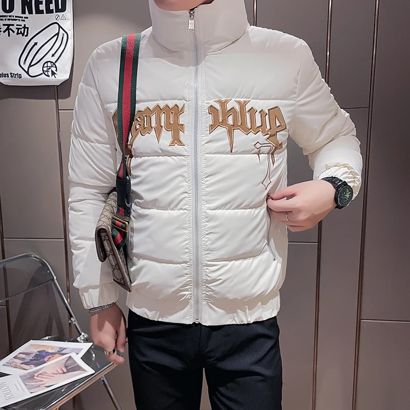 2022 Winter Thicken Keep Warm Men's Short Parka Tops Stand Collar Embroidery Jackets Slim Casual Zipper Men Clothing Streetwear