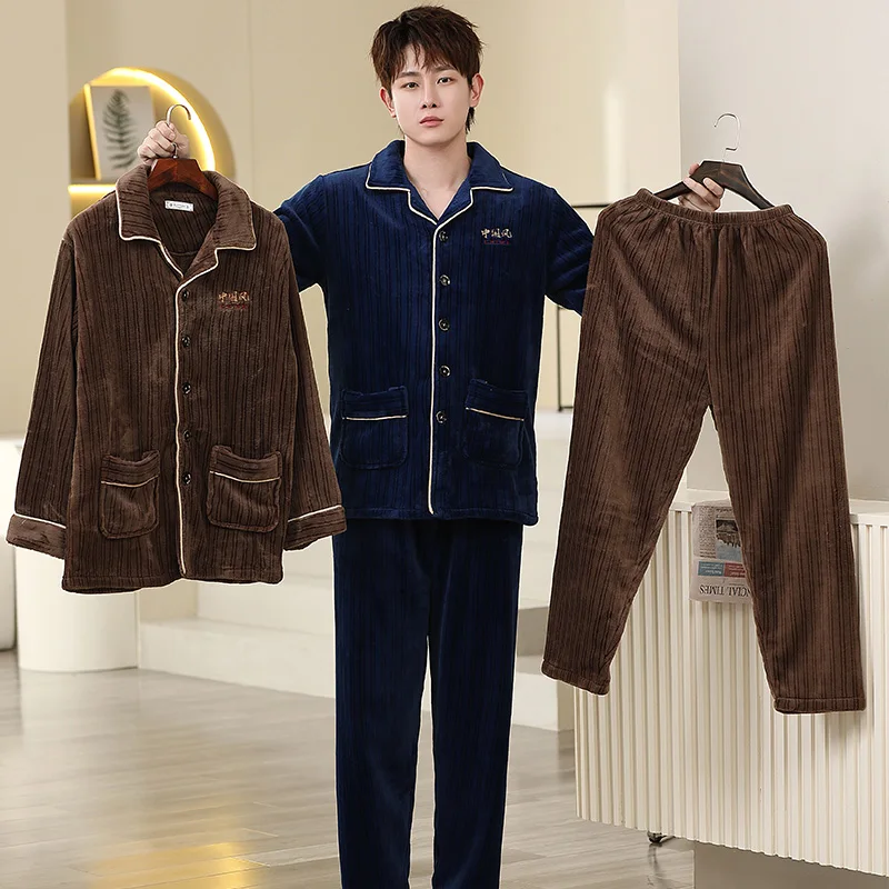 QUHENG Winter Pajamas for Man Set Flannel 2022 New Plus Size Pijamas Pocket Buttons 2 Pieces Home Clothes Suits Pyjama Sleepwear