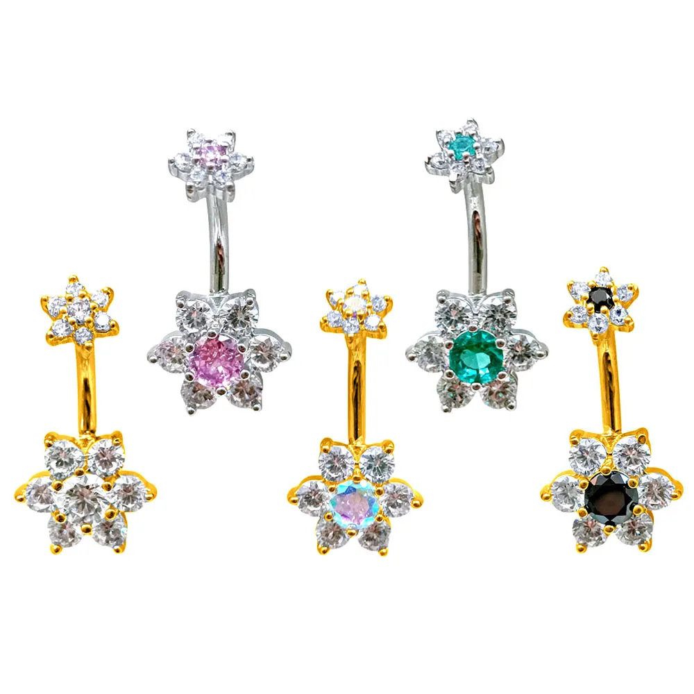 

316L Surgical Steel 14G Flower Shape CZ Zircon Navel Piercing Jewelry Crystal Gem Belly Button Ring 10mm