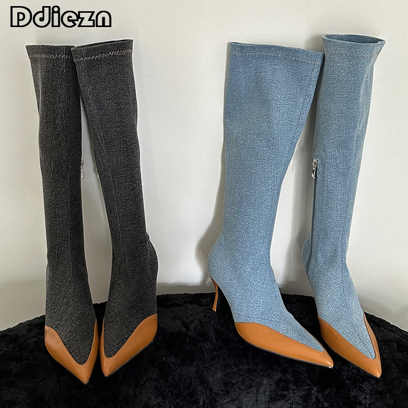 

Modern Heels Long Boots For Ladies New In Shoes Zippers Fashion Mixed Colors Knee High Blue Denim Boots Shoes Woman Footwear