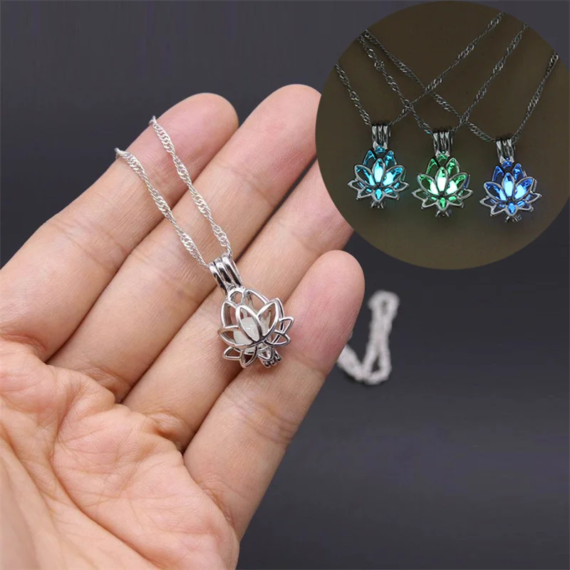 

Luminous Glowing In The Dark Moon Lotus Flower Shaped Pendant Necklace Women Night Glow Stone Yoga Prayer Buddhism Jewelry Gift