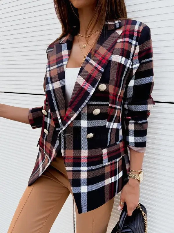 2022 Autumn and Winter New Long-sleeved Double-breasted Fashion Plaid Print Suit Small Jacket Women  пиджак женский