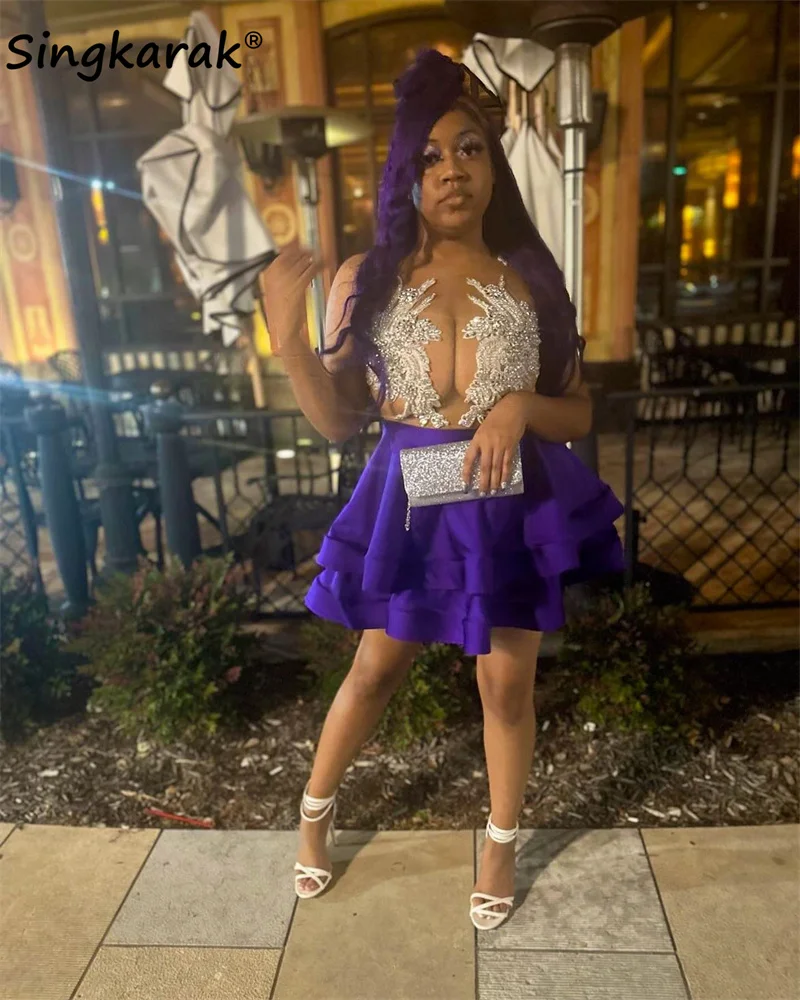 

Shining Silver Diamonds Short Purple Prom Dresses Sheer Mesh Sparkly Beads Rhinestone Crystal Homecoming Cocktail Party Gowns