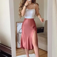solid side zipper button sexy midi split skirt women mujer vintage office higt waist elegant casual y2k a line pink long skirts