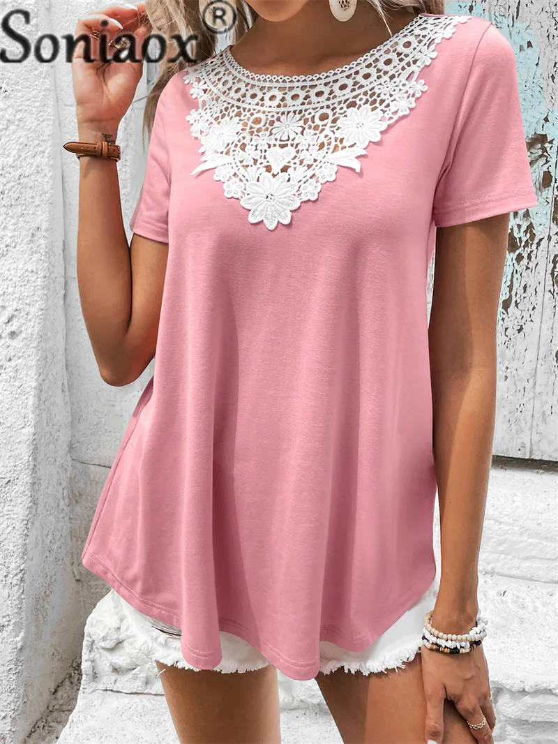 

Elegant Hollow Out Lace Flower Pattern T-Shirt Women's O Neck Pullover Loose Commuter Casual Tees Female Summer Solid Color Tops