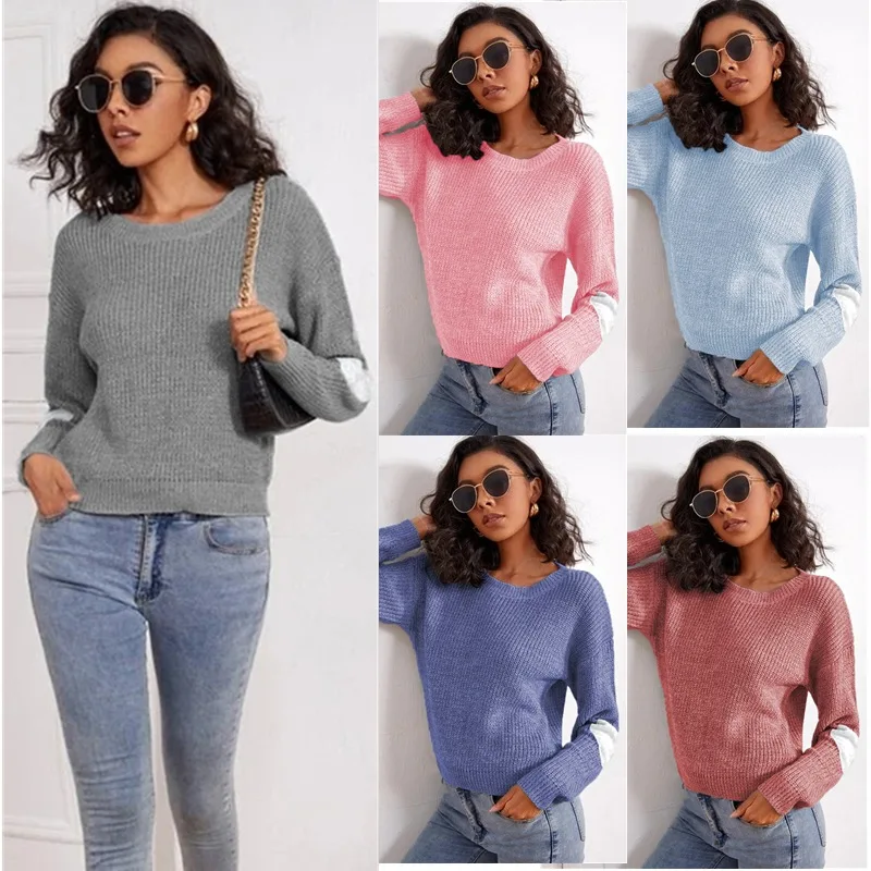 

Patchwork Casual Plus Size Crew Neck Knit Spring Autumn Winter Sweater Pullover