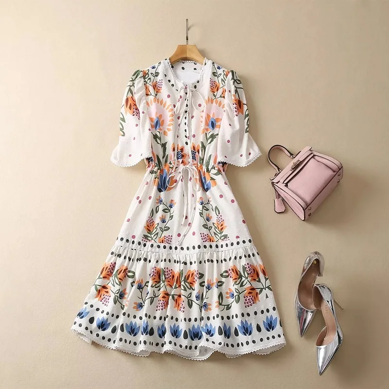 Newest Fashion Style Summer Dress 2023 High Quality Clothing Women Charming Floral Prints Drawstring Waist Short Sleeve Dress