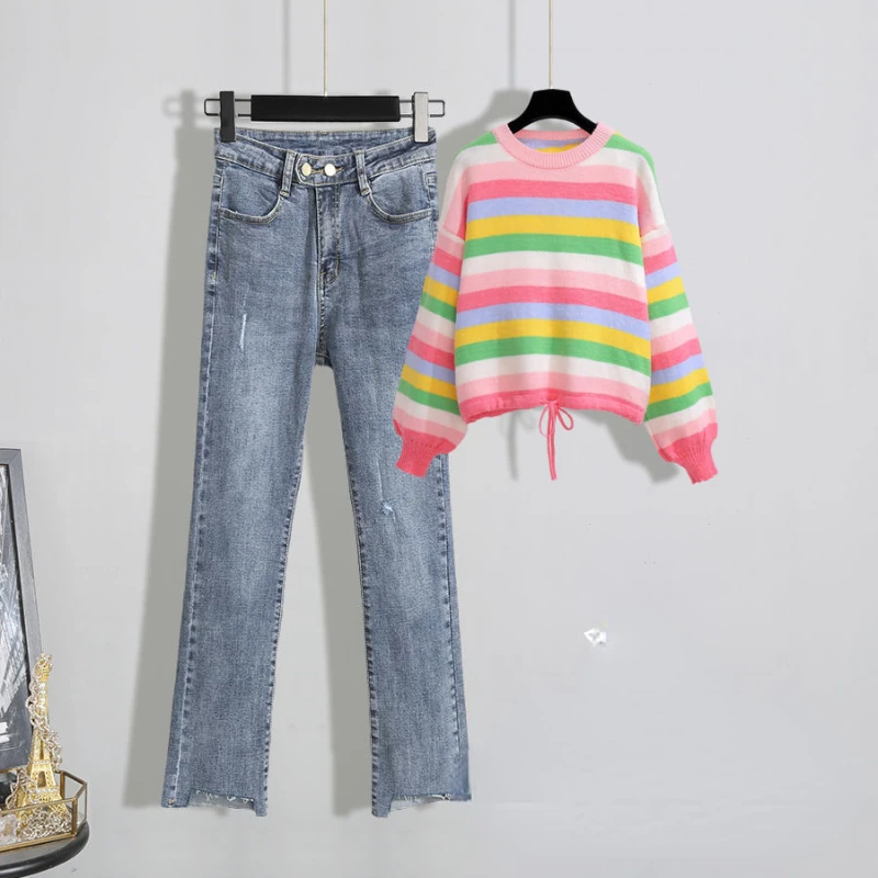 

Women Knit Stripe Pullover Sweaters and Jeans Pants Suits Female Long-sleeved Knitted Sweater Denim Jean Two Piece Sets G560