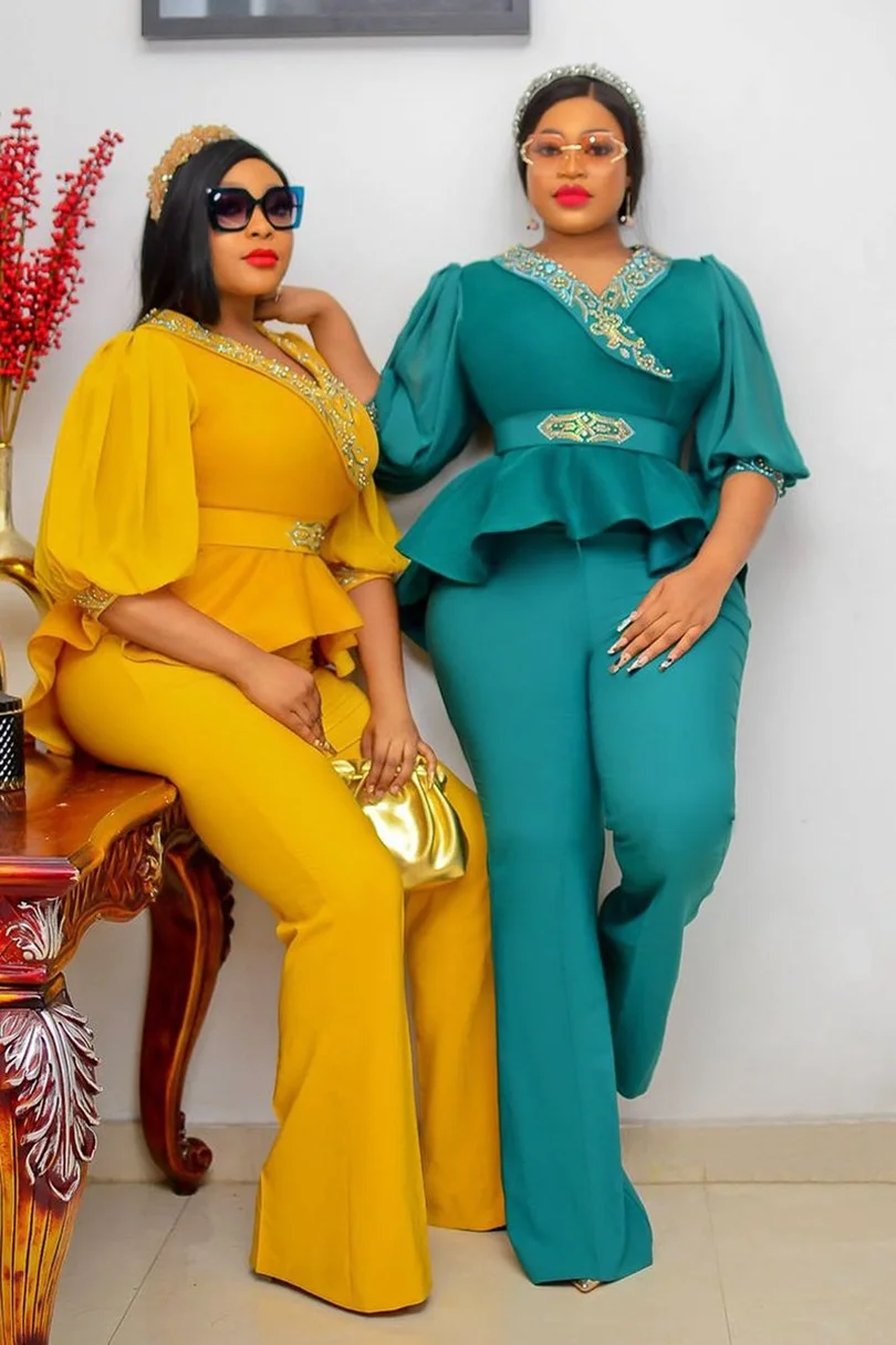 

2022 Spring Autumn African Women Half Sleeve V-neck Polyester Yellow Green Blue Two Pieces Sets Top and Long Pant African Suit