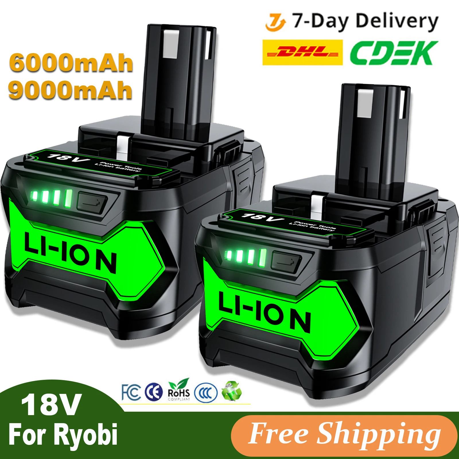 Литий-ионная аккумуляторная батарея для Ryobi P108, 18 в, 9000 мАч, BPL1820, P108, P109, P106, P105, P104, RB18L50, аккумулятор для электроинструмента