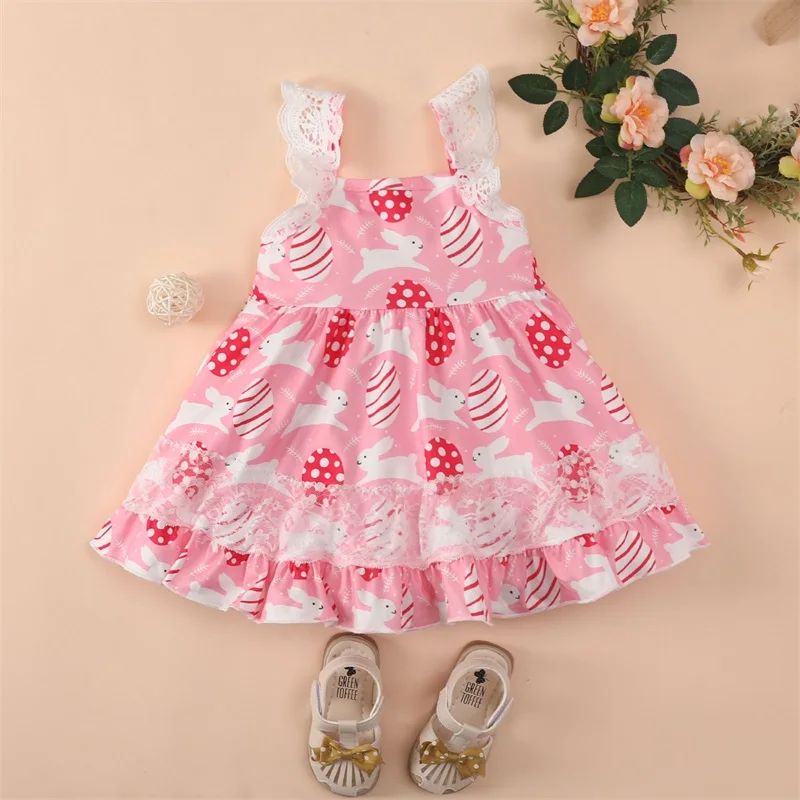 

1-5T Easter Little Girl Sweet Style Dress Summer Autumn Toddler Rabbit Egg Print Pink Lace Stitching Sleeveless Princess Dress
