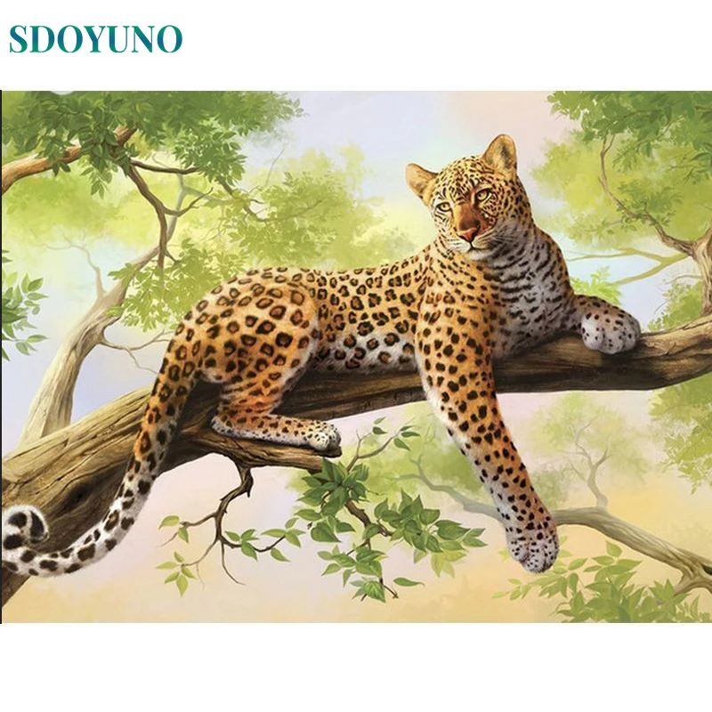 

SDOYUNO Oil Painting By Numbers For Adults DIY Craft Kit Picture Leopard Scenery Drawing HandPainted Coloring By Number Decor