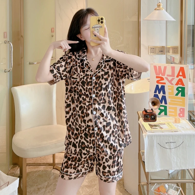 Summer Faux Silk Pajamas for Women Fashion Sexy Leopard Short Sleepwear Sets