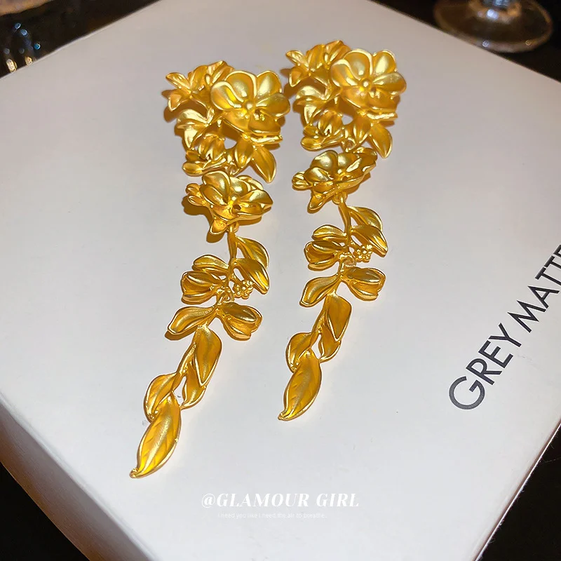 

Minar Hyperbole 18K Gold Plating Flower Earring for Women Korean Fashion Floral Leaves Long Dangle Earrings Statement Jewelry