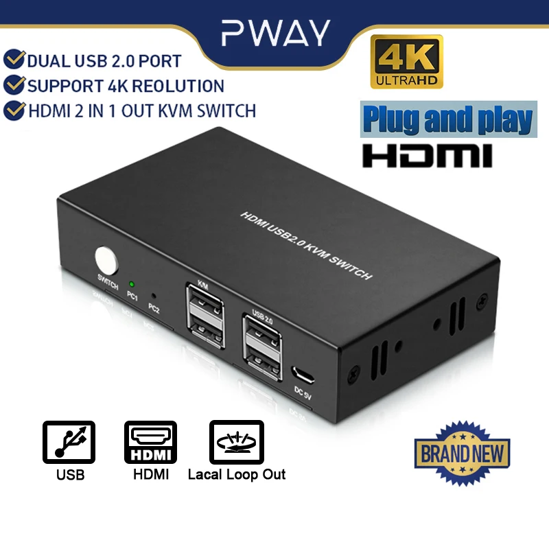 Suporte 4k @ 60hz do Interruptor do Divisor de Hdmi do Interruptor do Kvm de Pway Usb em para Fora com o Teclado de Usb e o Interruptor do Rato para o Portátil do Macbook do pc