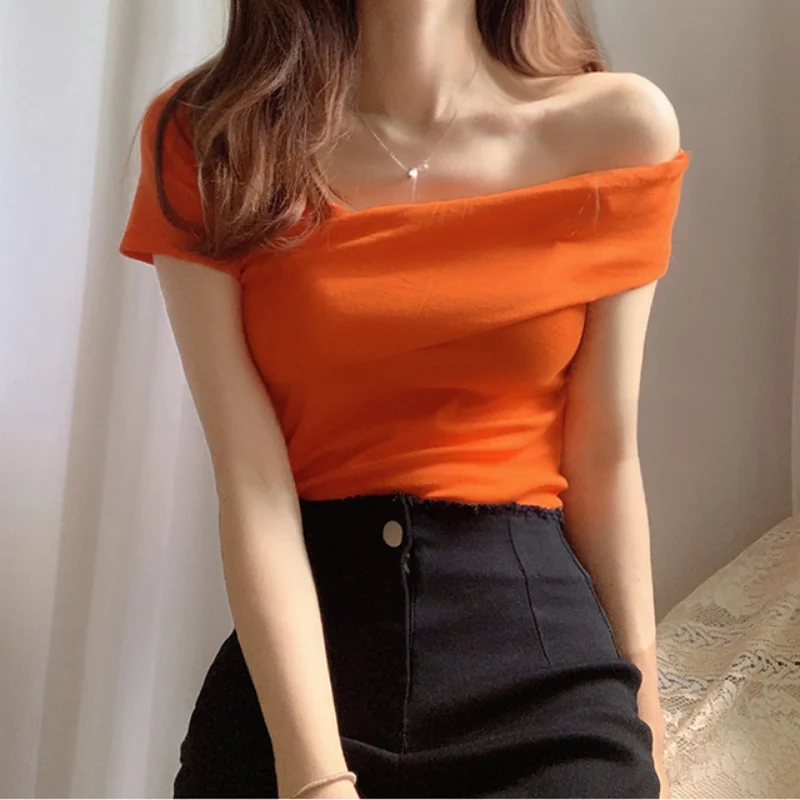 

Hikigawa Slim Sexy Casual T-shirts Chic Fashion All Match Solid Irregular Roupas Femininas Women Short Sleeve Slash Neck Tops