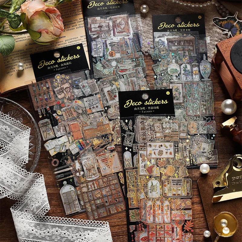 

3 pcs Bronzing Flowers Stickers aesthetic Diy Stickers Aesthetic Scrapbooking Junk Journal Plants Flower Stickers Stationery