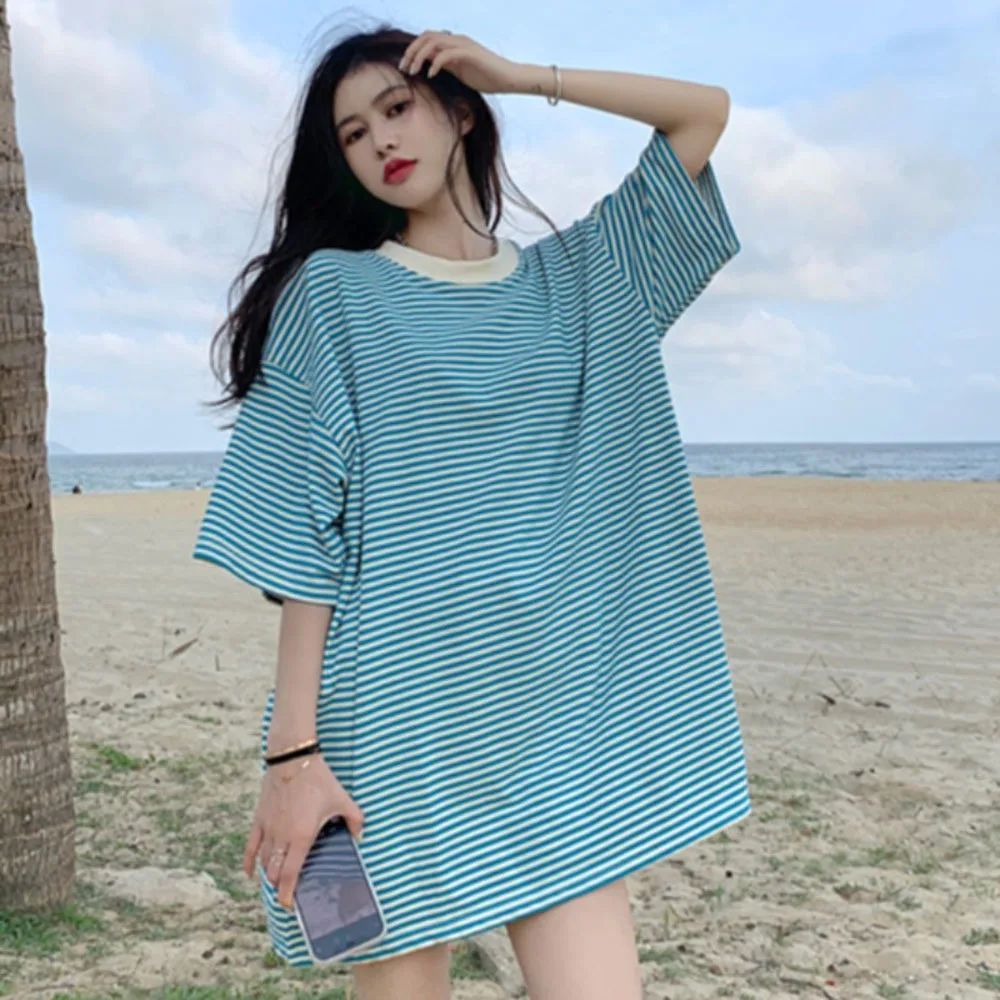 

Casual Loose T-shirt For Women Stripe Print Short Sleeve Ladies Tee Tshirt Tops Summer New Arrivals