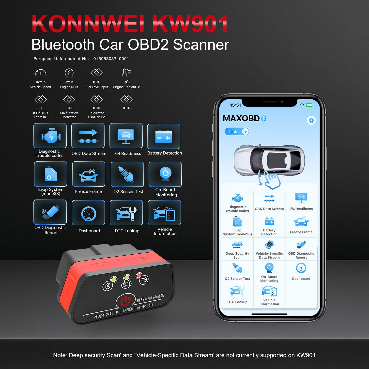 Фото 2026 KONNWEI KW901 ELM 327 OBD2 V1.5 Bluetooth 5.0 Автомобильный диагностический сканер OBD2 для Android/iOS, считыватель кодов, аналог Vgate ICAR2 №2