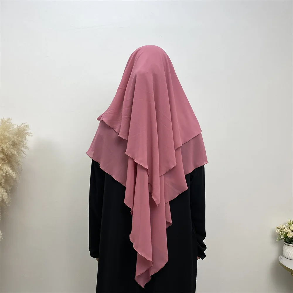 Ramadan Eid 2 Layers Chiffon Hijab Khimar Islam Abaya Turban Hijabs for Woman Solid Head Scarf Headwraps Muslim Fashion Turbans
